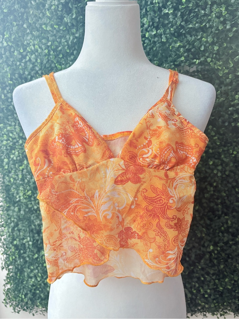 SHEIN Orange Paisley Print Sheer Cami Tank